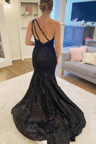 Mermaid One Shoulder Black Sequins Prom Dress With Split