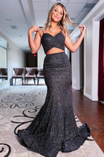 Load image into Gallery viewer, Mermaid Spaghetti Straps Black Sequins Long Prom Dress with Criss Cross Back
