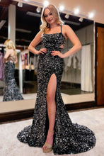 Load image into Gallery viewer, Mermaid Spaghetti Straps Black Sequins Long Prom Dress with Criss Cross Back
