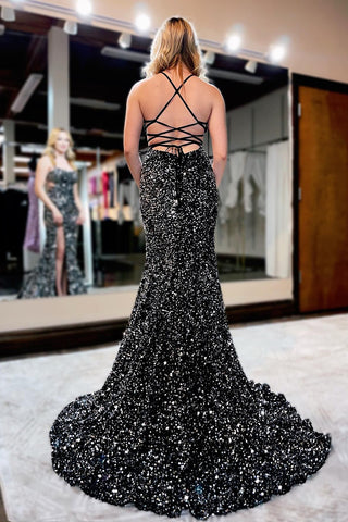 Mermaid Spaghetti Straps Black Sequins Long Prom Dress with Criss Cross Back