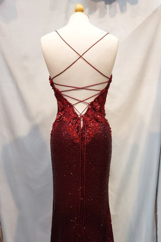 Mermaid Spaghetti Straps Burgundy Sequins Long Prom Dress with Appliques