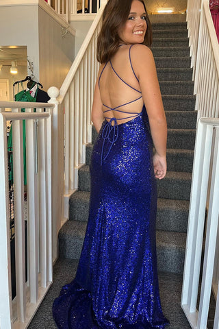 Mermaid Spaghetti Straps Royal Blue Sequins Long Prom Dress with Split Front