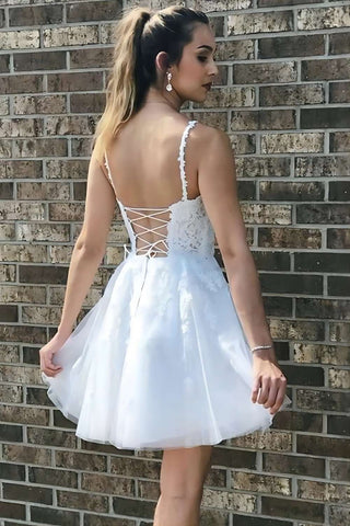 Mini A Line Spaghetti Straps Homecoming Dress With Lace Applique