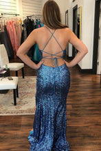 Load image into Gallery viewer, Navy Spaghetti Straps Criss-Cross Back Sequined Prom Dress
