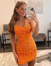 Load image into Gallery viewer, Orange Spaghetti Straps Bodycon Homecoming Dress With Appliques
