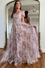Load image into Gallery viewer, A-Line Square Neck Cap Sleeves Long Print Tulle Prom Dress With Beading
