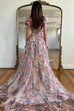 Load image into Gallery viewer, A-Line Square Neck Cap Sleeves Long Print Tulle Prom Dress With Beading
