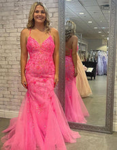 Load image into Gallery viewer, Pink Spaghetti Straps Corset Back Tulle Prom Dress With Appliques
