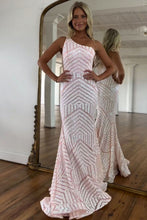 Load image into Gallery viewer, Sparkly Sequin One Shoulder Pink Long Mermaid Corset Prom Dress
