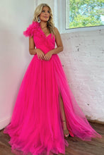 Load image into Gallery viewer, Hot Pink A-Line One Shoulder Long Tulle Prom Dress With Split
