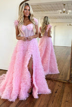 Load image into Gallery viewer, Princess A-Line Feather Straps Long Ruffle Prom Dress With Split
