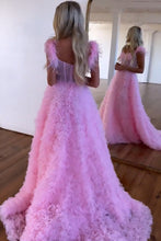 Load image into Gallery viewer, Princess A-Line Feather Straps Long Ruffle Prom Dress With Split
