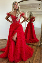 Load image into Gallery viewer, Princess A-Line Feather Straps Long Ruffle Prom Dress With Split
