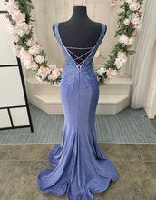 Load image into Gallery viewer, Purple V-Neck Corset Back Long Prom Dress With Appliques
