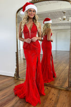 Load image into Gallery viewer, Red Mermaid Deep V-Neck Long Lace Prom Dress With Split
