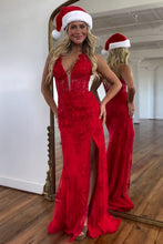 Load image into Gallery viewer, Red Mermaid Deep V-Neck Long Lace Prom Dress With Split
