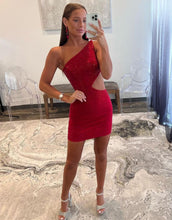 Load image into Gallery viewer, Red One Shoulder Cutout Waist Short Glitter Homecoming Dress
