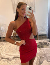 Load image into Gallery viewer, Red One Shoulder Cutout Waist Short Glitter Homecoming Dress
