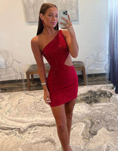 Load image into Gallery viewer, Red One Shoulder Cutout Waist Short Glitter Homecoming Dress
