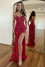 Load image into Gallery viewer, Red Sparkly Spaghetti Straps Lace Up Long Corset Prom Dress With Split
