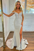 Load image into Gallery viewer, Sexy Silver Mermaid Off The Shoulder Long Beaded Prom Dress With Split
