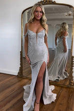 Load image into Gallery viewer, Sexy Silver Mermaid Off The Shoulder Long Beaded Prom Dress With Split
