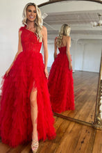 Load image into Gallery viewer, Simple A-Line One Shoulder Long Red Ruffle Prom Dress With Split
