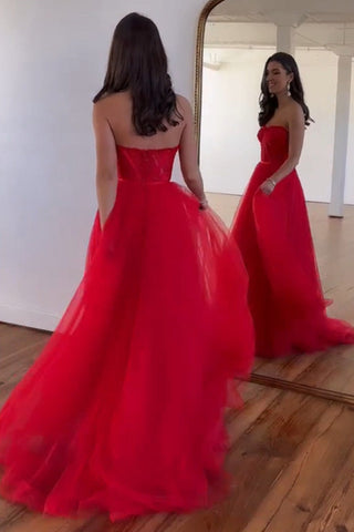 Simple Red Sweetheart A-Line Floor Length Tulle Prom Party Dress