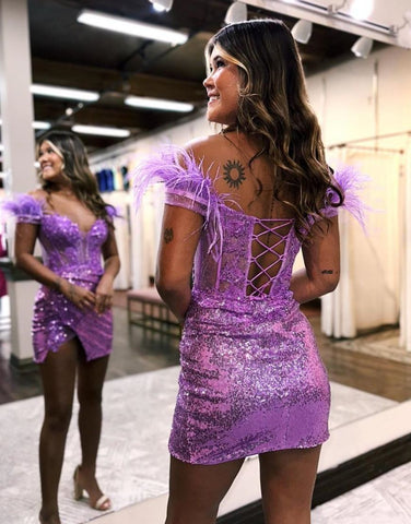 Sparkly Off The Shoulder Lace Up Tight Homecoming Dress With Feather