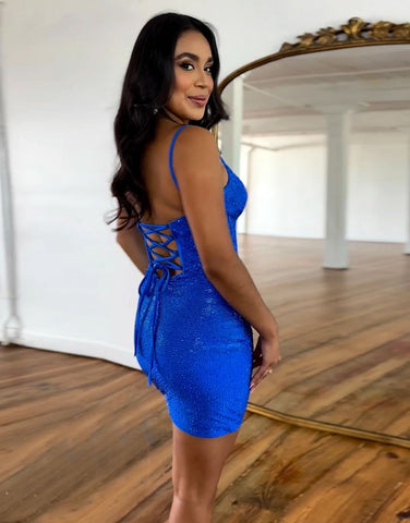 Sparkly Royal Blue Lace Up Back Tight Homecoming Party Dress