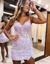 Load image into Gallery viewer, Sparkly Spaghetti Straps Sequins Tight Homecoming Party Dress
