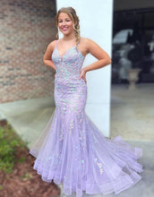 Load image into Gallery viewer, Stunning Spaghetti Straps Mermaid Lilac Long Prom Dress With Appliques
