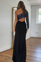 Load image into Gallery viewer, Stylish One Shoulder Long Sleeves Cutout Waist Beaded Prom Dress With Split
