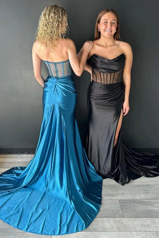 Satin Mermaid Strapless Backless Long Prom Dress With Split