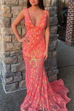 Load image into Gallery viewer, Coral Sparkly Mermaid V-Neck Long Tight Prom Party Dress
