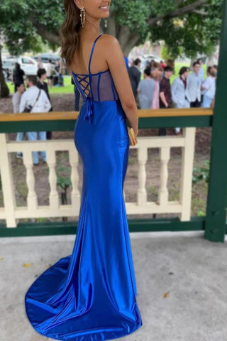 Royal Blue Mermaid Spaghetti Straps Long Satin Prom Dress With Split