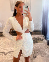 Load image into Gallery viewer, White Sequin Long Sleeves Cutout Waist Homecoming Dress
