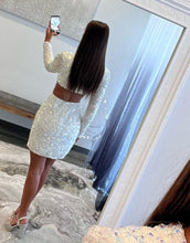 Load image into Gallery viewer, White Sequin Long Sleeves Cutout Waist Homecoming Dress
