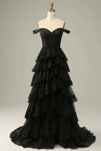 Load image into Gallery viewer, Sparkly Black Off The Shoulder Long Tiered Corset Prom Dress With Sequin
