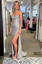 Load image into Gallery viewer, Silver Mermaid Sweetheart Long Metallic Prom Dress with Beading

