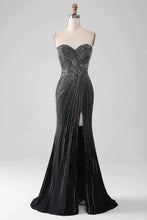 Load image into Gallery viewer, Sparkly Beaded Sweetheart Long Black Mermaid Prom Dress With Split
