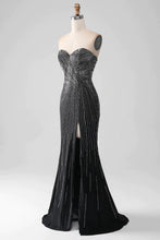 Load image into Gallery viewer, Sparkly Beaded Sweetheart Long Black Mermaid Prom Dress With Split
